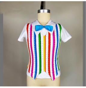 Boys kids toddlers children rainbow striped jazz dance vests and white shirts modern host singers drum piano choir performance tops for children baby